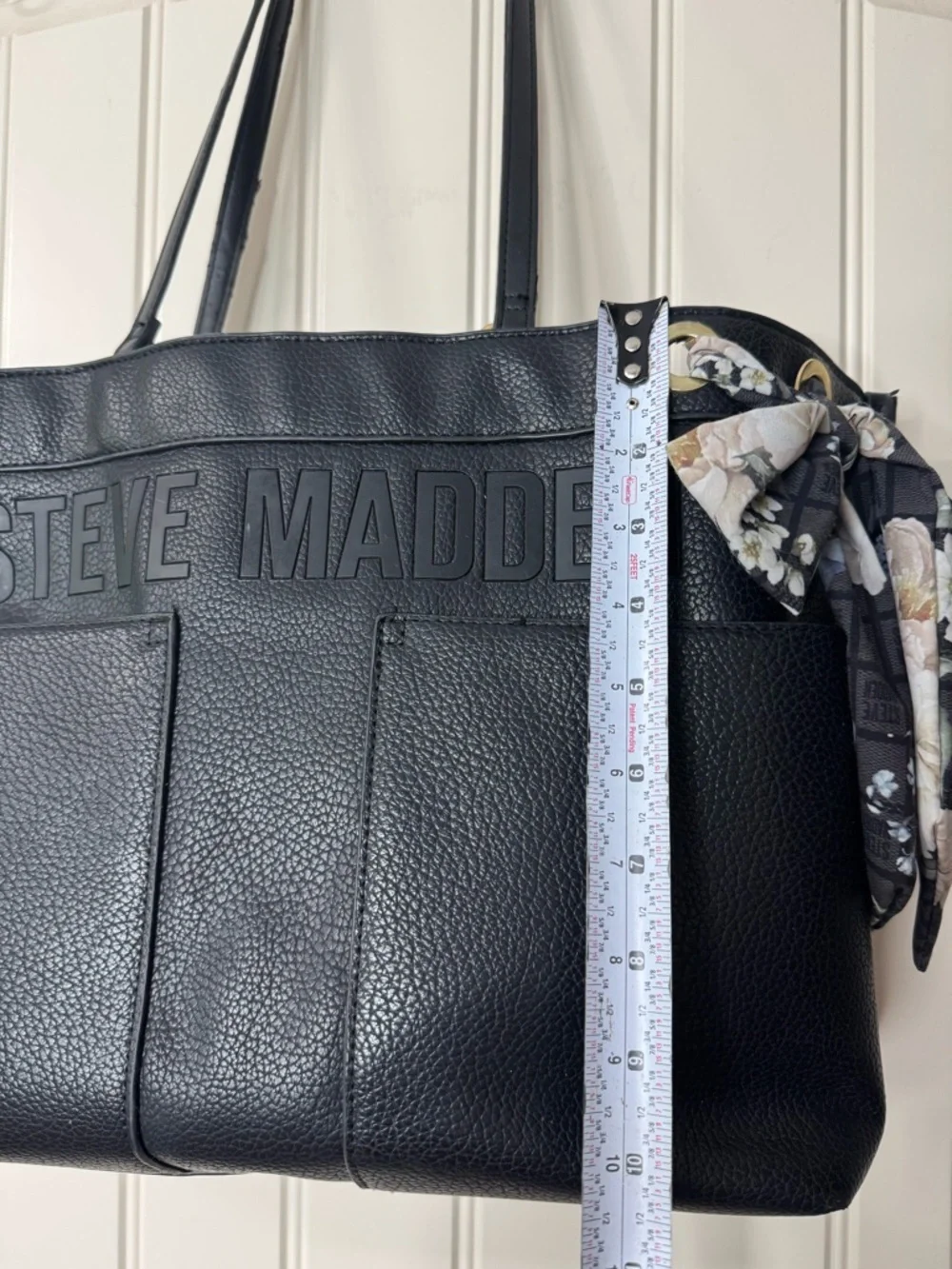 STEVE MADDEN 🪷 Pebbled Black Leather Large Laptop Tote, Floral Scarf Accent